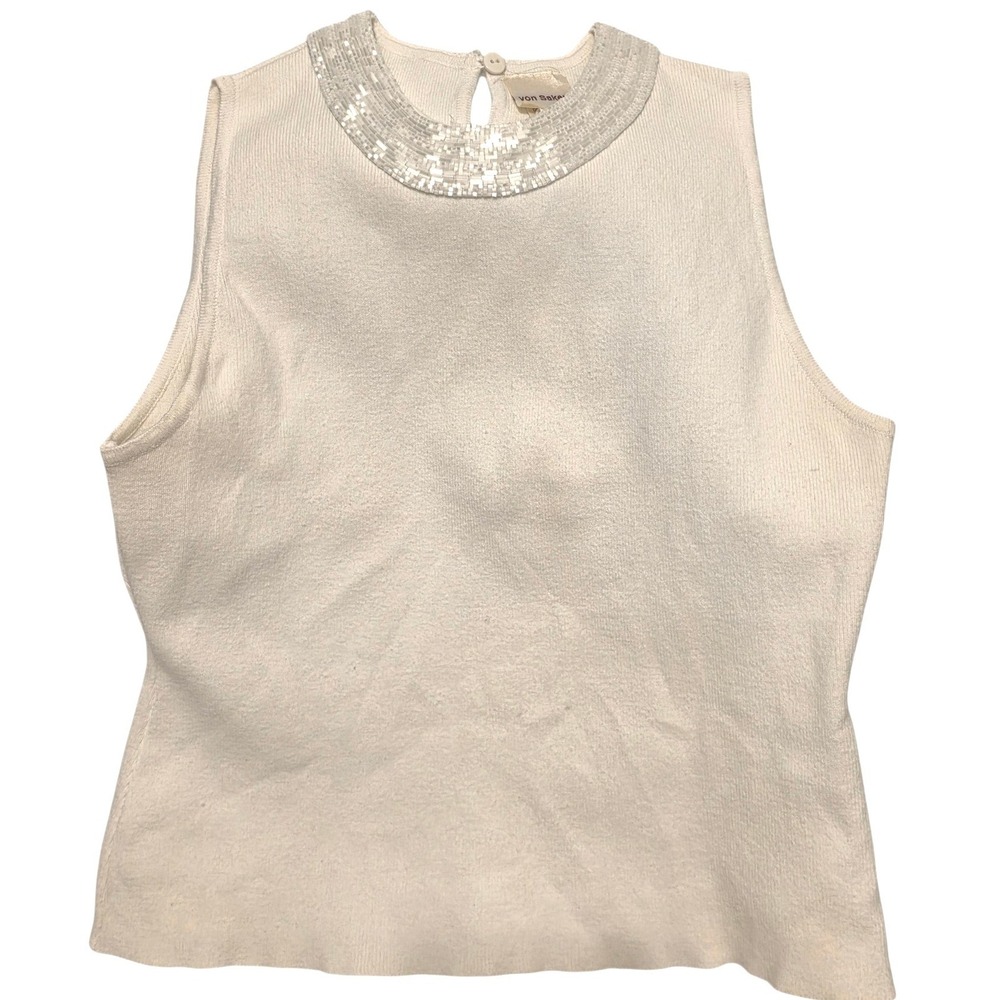 Vintage von Saken Womens White Sleeveless Beaded Neckline Knit Top  Made in USA